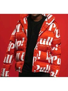 NWT Size LARGE Rumours Brand 'PULL UP!' Hooded Puffer Coat Red & White Jacket